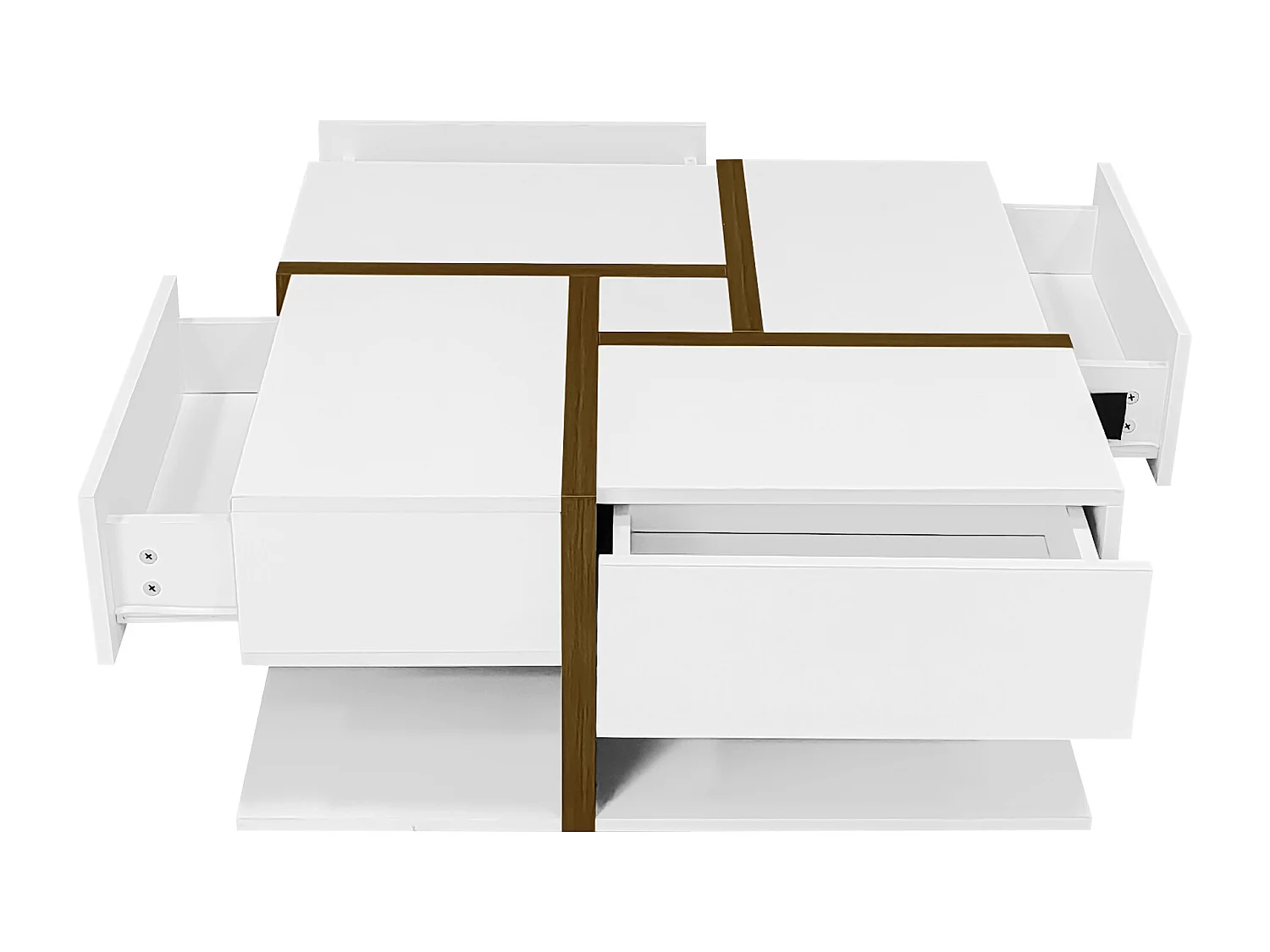 Table basse laquée brillante avec 4 tiroirs - Blanc et bois 78 x 78 x 36 cm