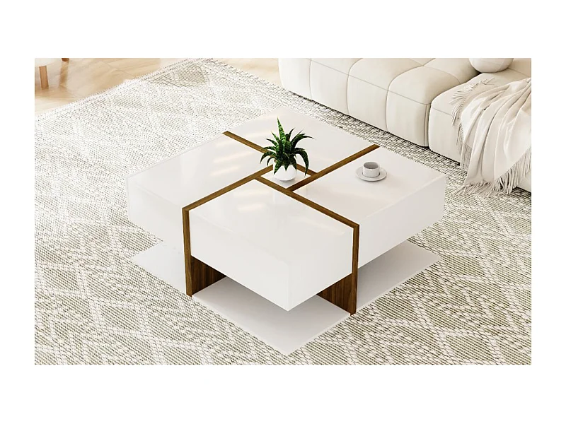 Table basse laquée brillante avec 4 tiroirs - Blanc et bois 78 x 78 x 36 cm