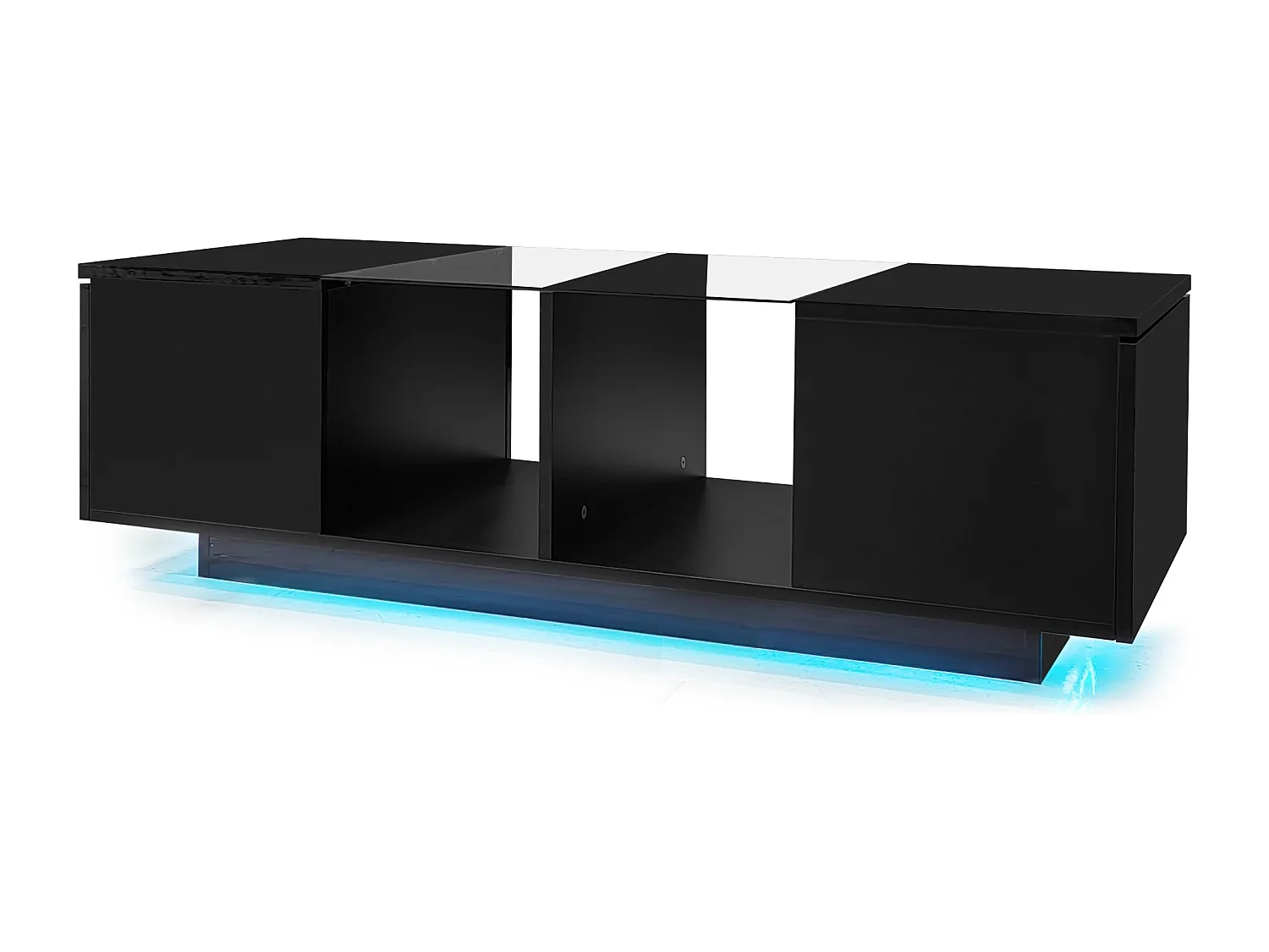 Table basse noire avec LED et rangement - Plateau finition brillant et central en verre