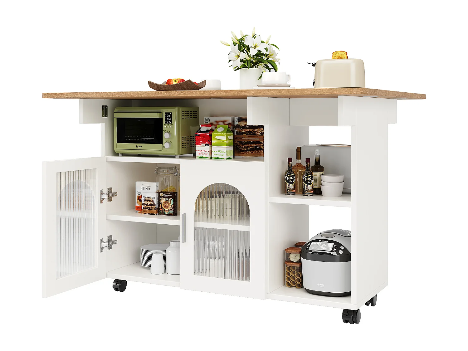 Keukeneiland met 2 glazen deuren en wielen - Houtnerffineer - Wit