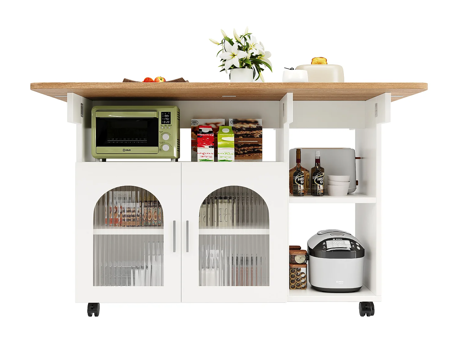 Keukeneiland met 2 glazen deuren en wielen - Houtnerffineer - Wit