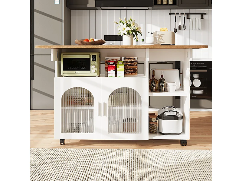Keukeneiland met 2 glazen deuren en wielen - Houtnerffineer - Wit