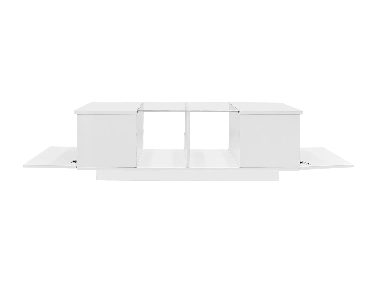 Table basse blanche avec LED et rangement - Plateau finition brillant et central en verre