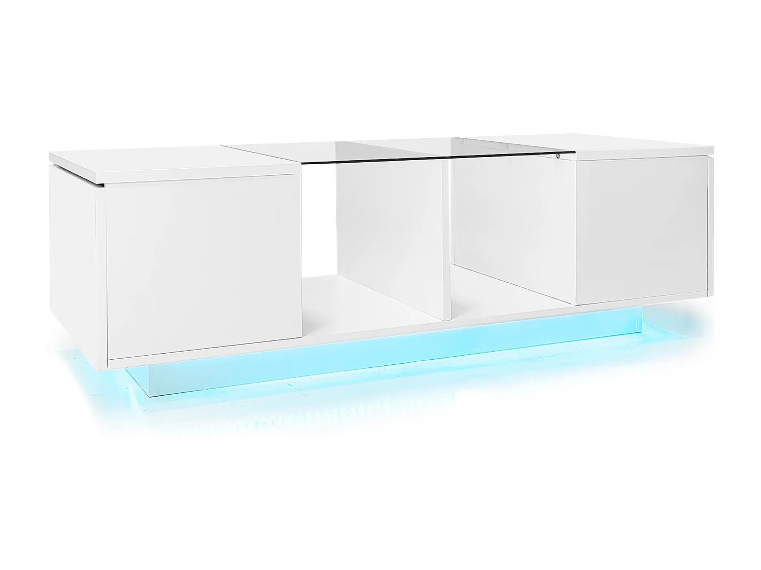 Table basse blanche avec LED et rangement - Plateau finition brillant et central en verre