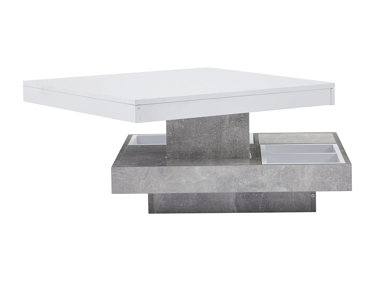 Witte draaibare salontafel met opbergruimte, glanzend gelakt blad - Marmerlook