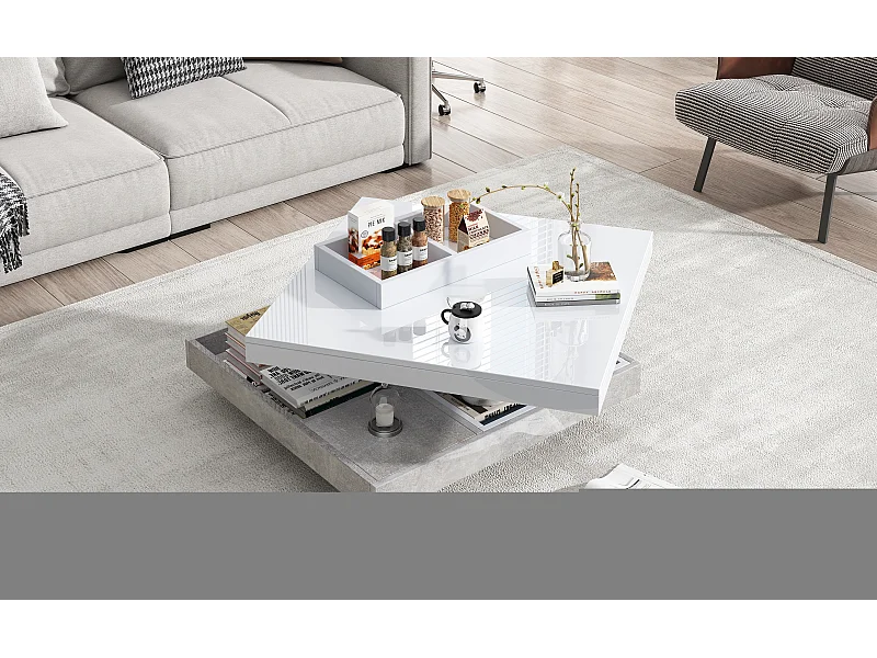 Witte draaibare salontafel met opbergruimte, glanzend gelakt blad - Marmerlook