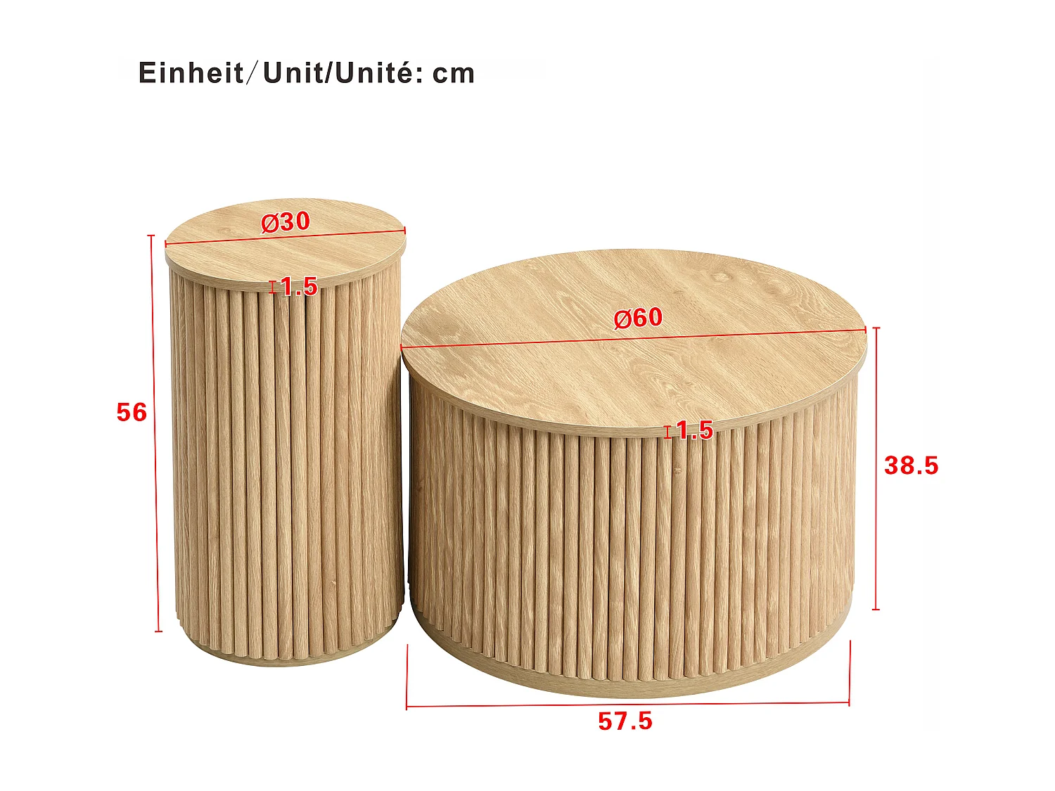 Table basse rond - Lot de 2 - Rayures verticales - Couleur bois -Pour salon et chambre