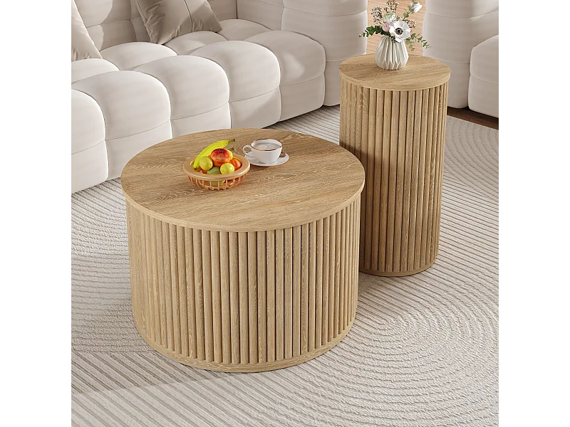 Table basse rond - Lot de 2 - Rayures verticales - Couleur bois -Pour salon et chambre