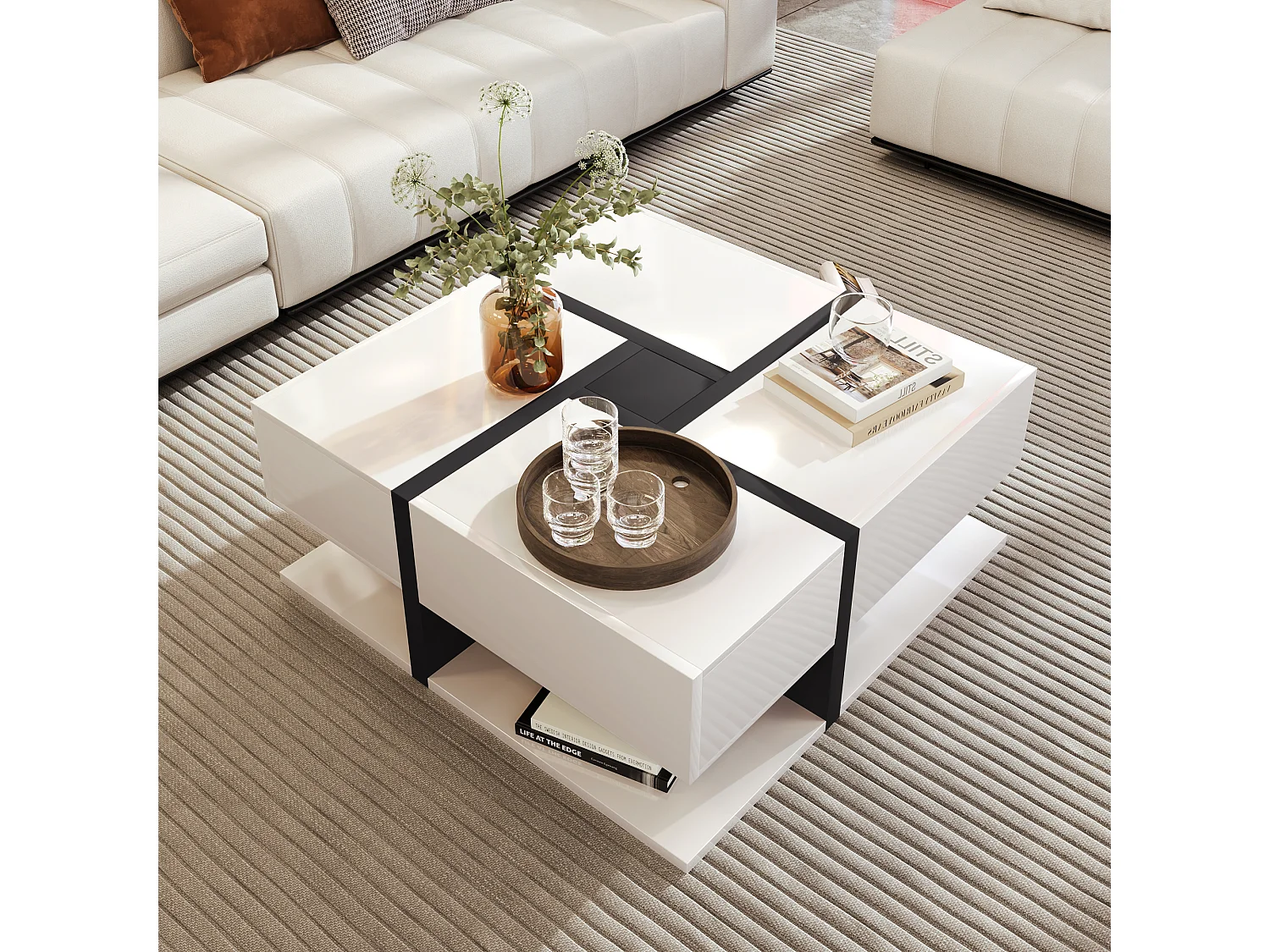 Table basse laquée brillante avec 4 tiroirs -Design linéaire - Blanc 78 x 78 x 36 cm