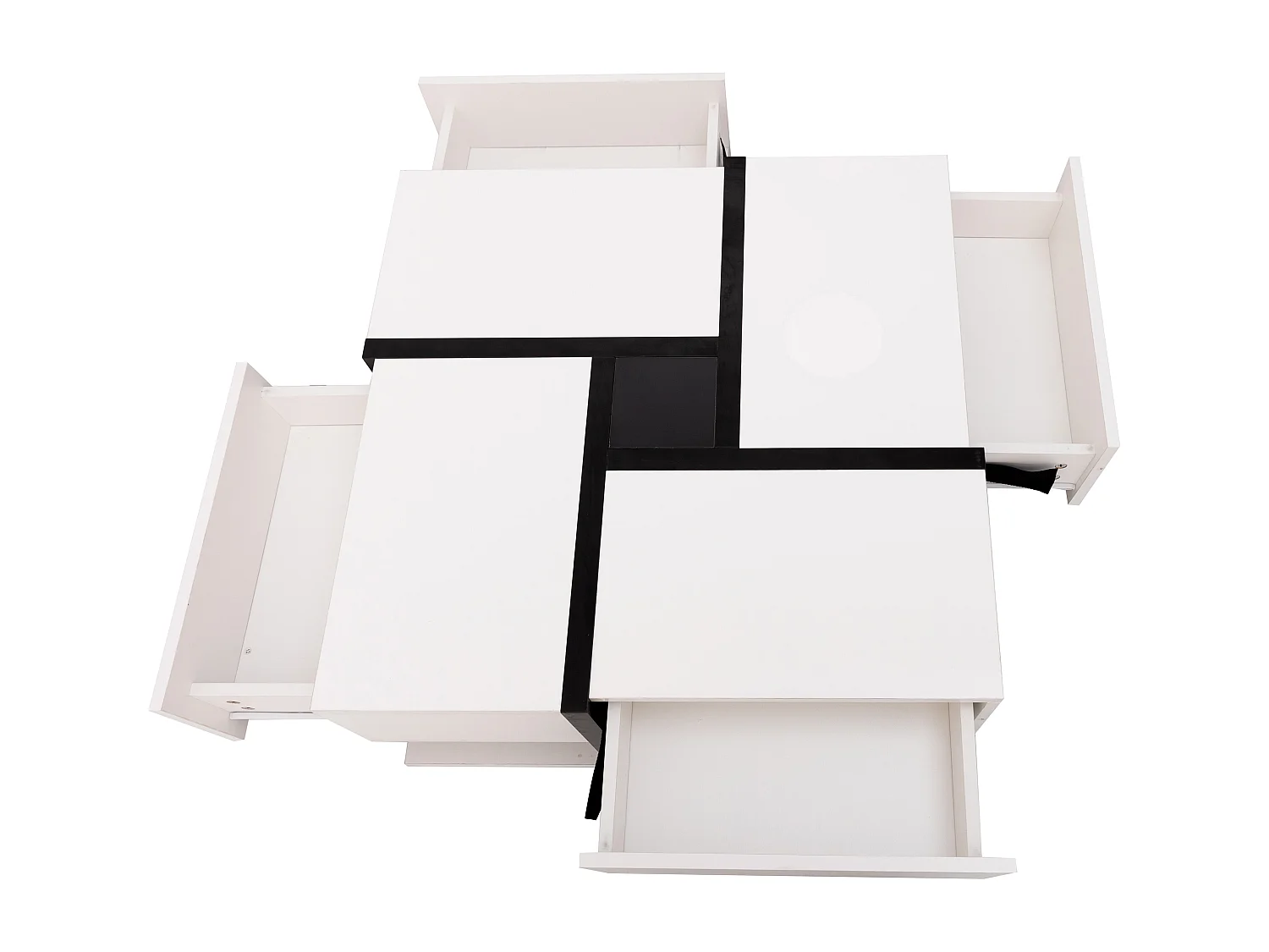 Table basse laquée brillante avec 4 tiroirs -Design linéaire - Blanc 78 x 78 x 36 cm