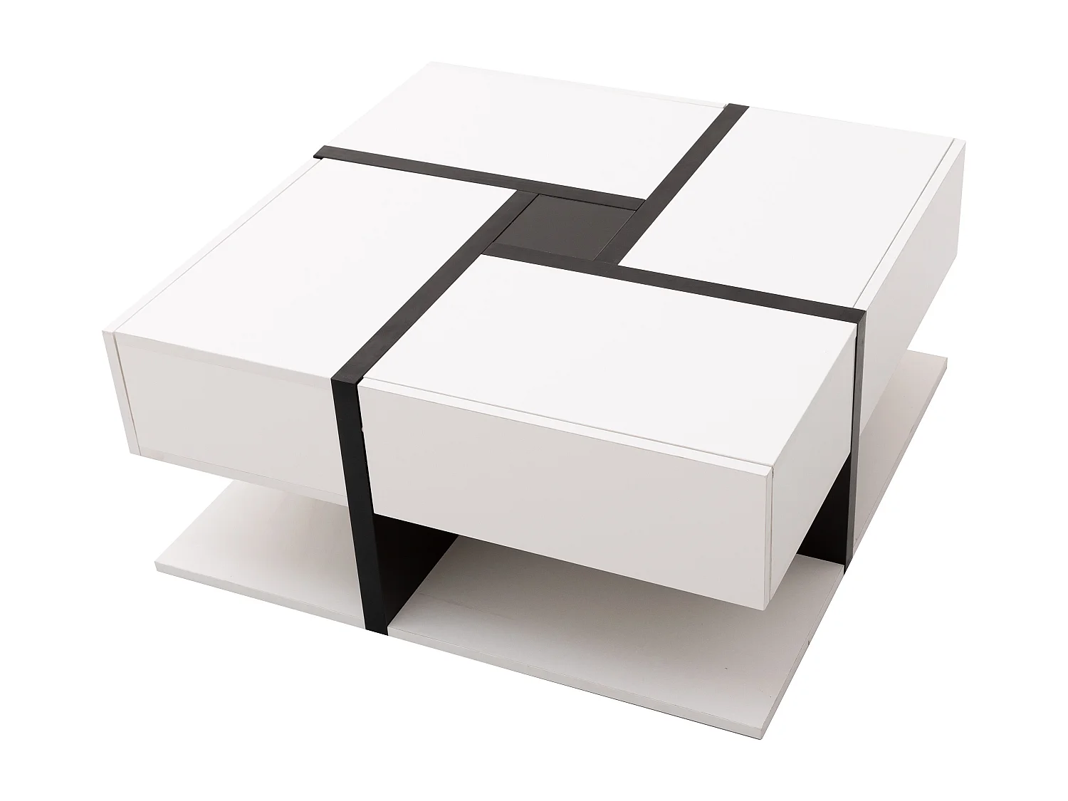 Table basse laquée brillante avec 4 tiroirs -Design linéaire - Blanc 78 x 78 x 36 cm