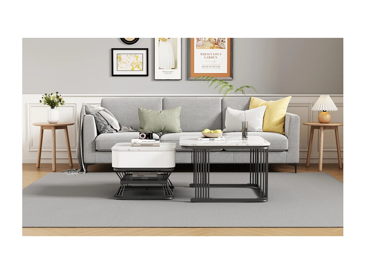 Tavolino quadrato impilabile con 1 cassetto - Effetto marmo lucido - Bianco e nero