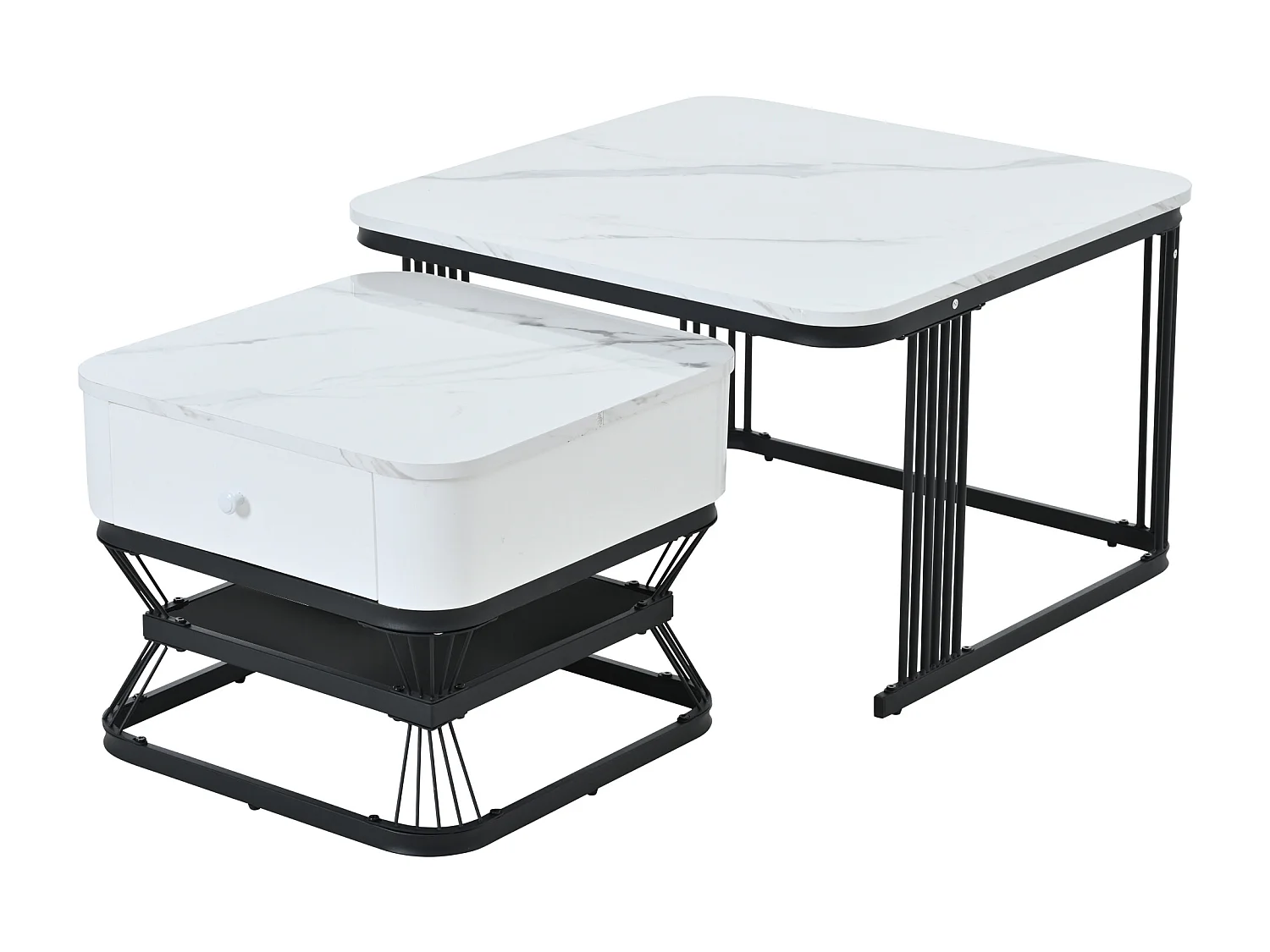 Tavolino quadrato impilabile con 1 cassetto - Effetto marmo lucido - Bianco e nero