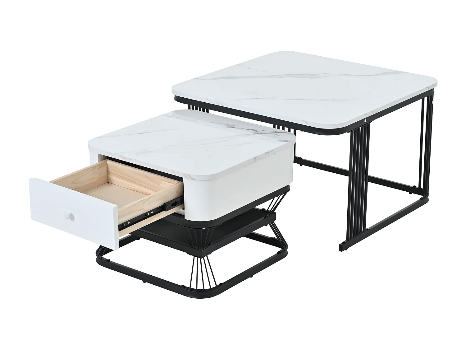 Tavolino quadrato impilabile con 1 cassetto - Effetto marmo lucido - Bianco e nero