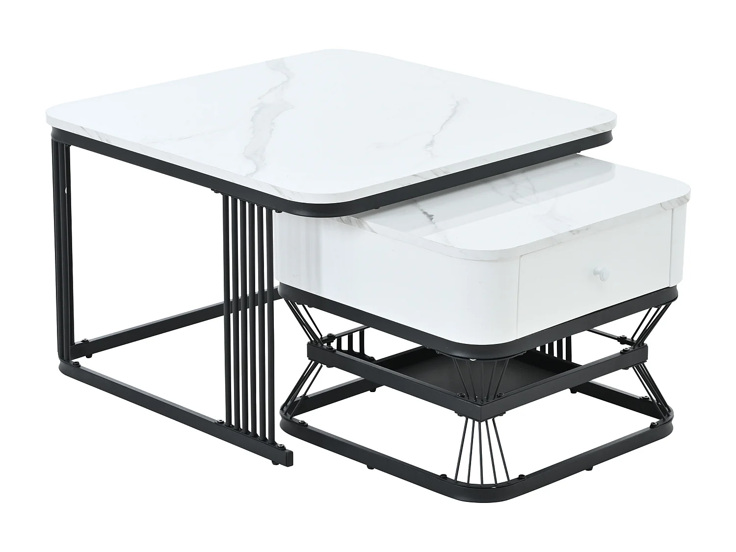 Tavolino quadrato impilabile con 1 cassetto - Effetto marmo lucido - Bianco e nero