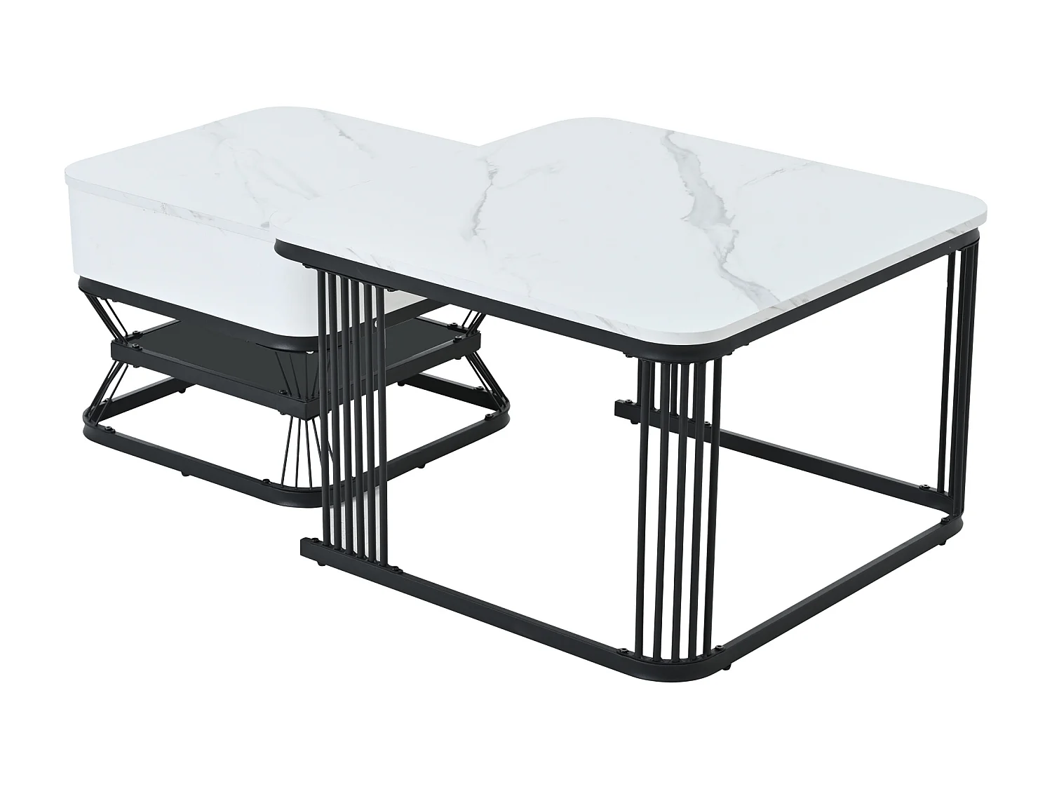 Tavolino quadrato impilabile con 1 cassetto - Effetto marmo lucido - Bianco e nero