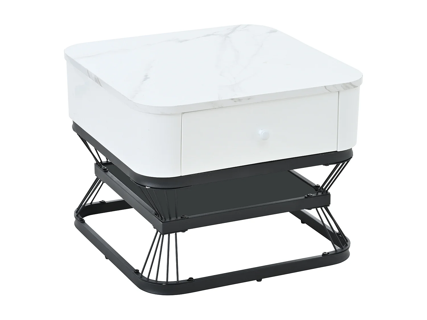 Tavolino quadrato impilabile con 1 cassetto - Effetto marmo lucido - Bianco e nero