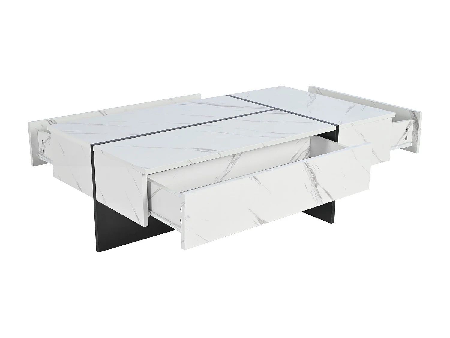 Mesa de centro blanca con iluminación LED y 3 cajones - efecto mármol - tapa acabado brillante