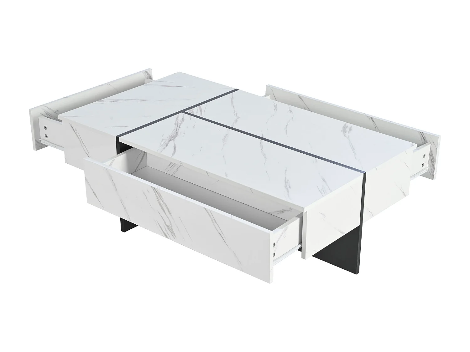 Mesa de centro blanca con iluminación LED y 3 cajones - efecto mármol - tapa acabado brillante