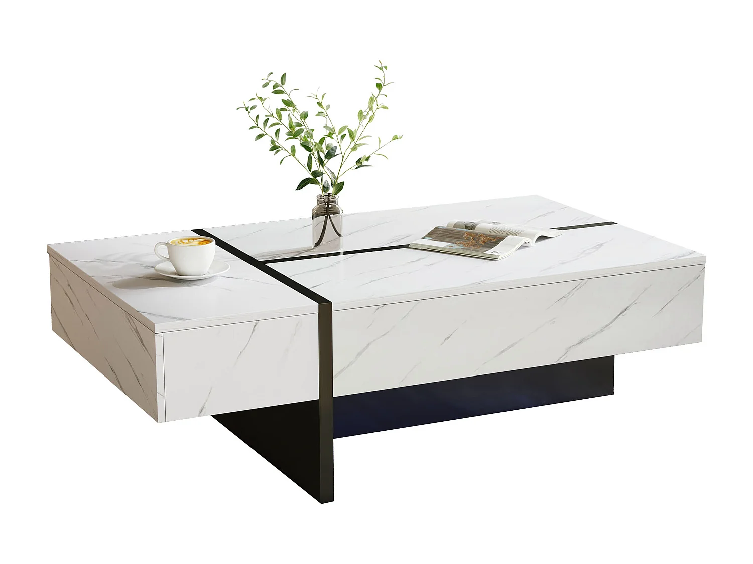 Tavolino bianco con illuminazione a LED e 3 cassetti - effetto marmo - piano finitura lucida