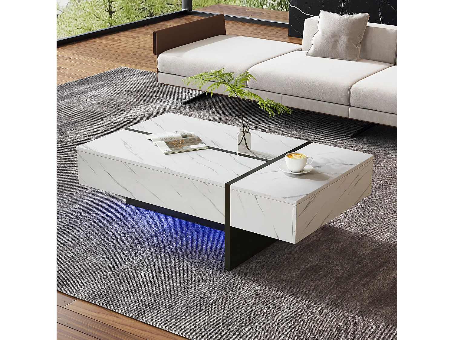 Tavolino bianco con illuminazione a LED e 3 cassetti - effetto marmo - piano finitura lucida