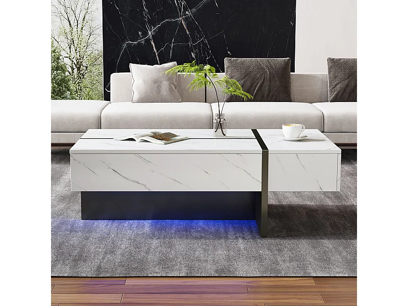 Mesa de centro blanca con iluminación LED y 3 cajones - efecto mármol - tapa acabado brillante