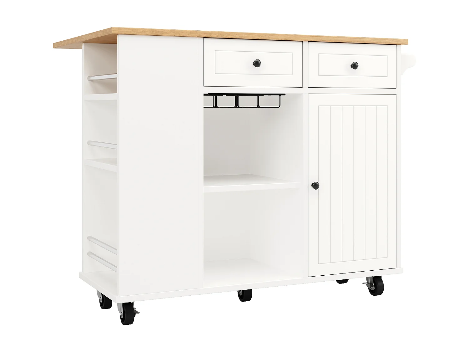 Keukeneiland met 2 lades, 1 deur en wijnglasrek - serveerwagen met houtnerfafwerking - Wit