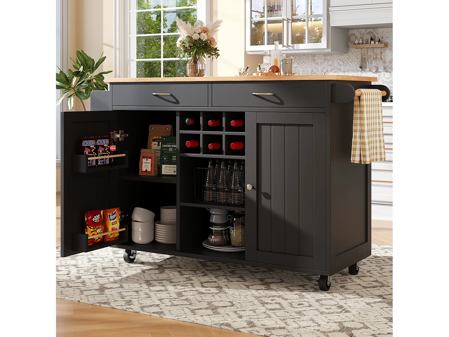 Keukeneiland 102 × 45 × 92 cm - Serveerwagen met wielen, 2 deuren en 2 lades - Zwart