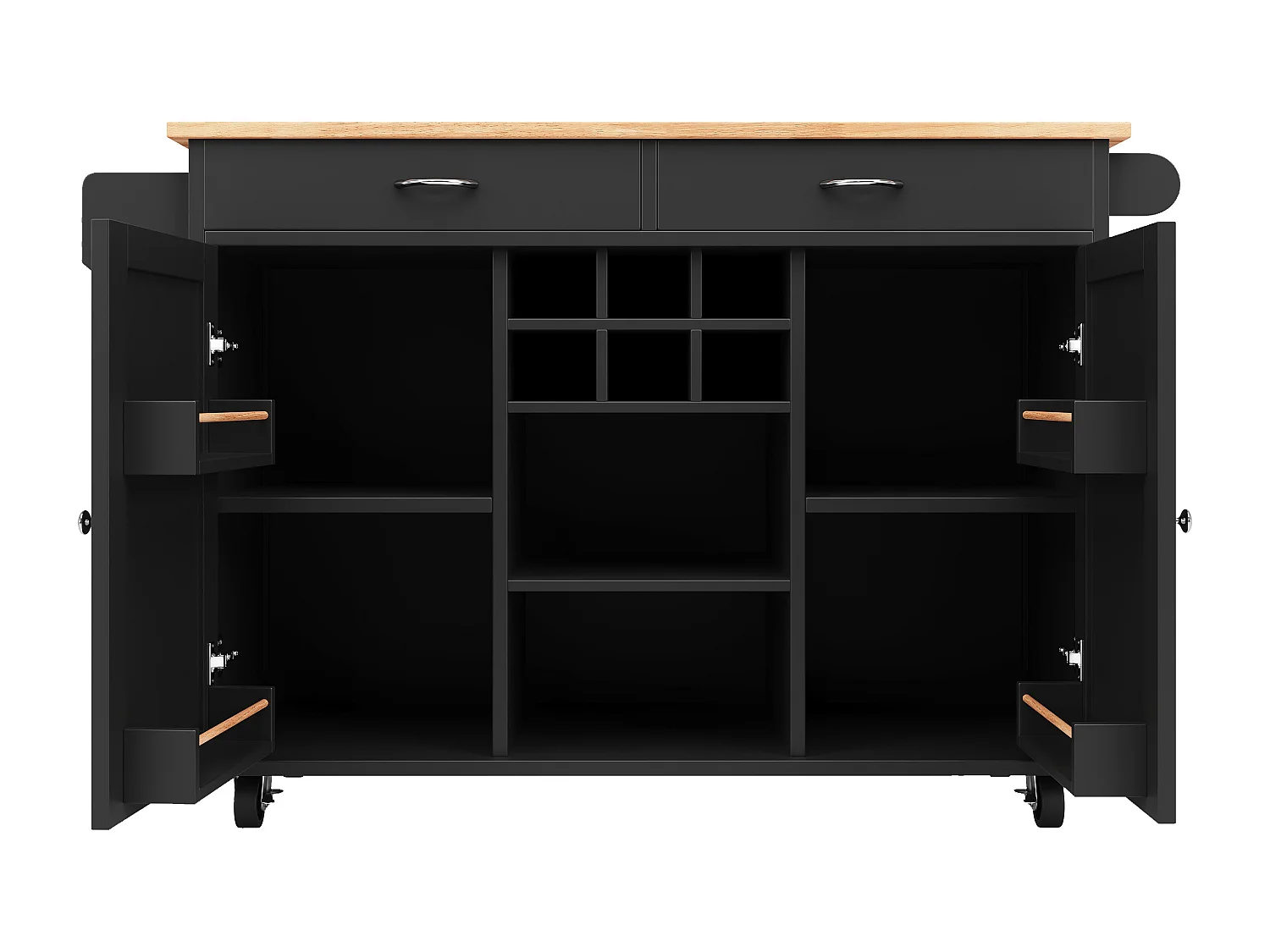 Keukeneiland 102 × 45 × 92 cm - Serveerwagen met wielen, 2 deuren en 2 lades - Zwart