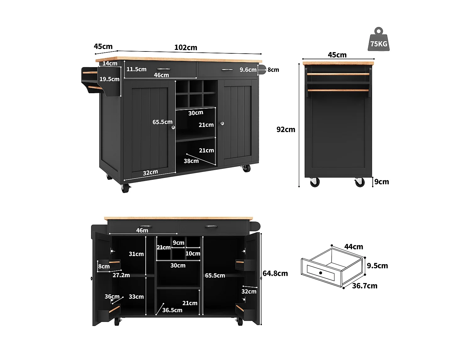 Keukeneiland 102 × 45 × 92 cm - Serveerwagen met wielen, 2 deuren en 2 lades - Zwart