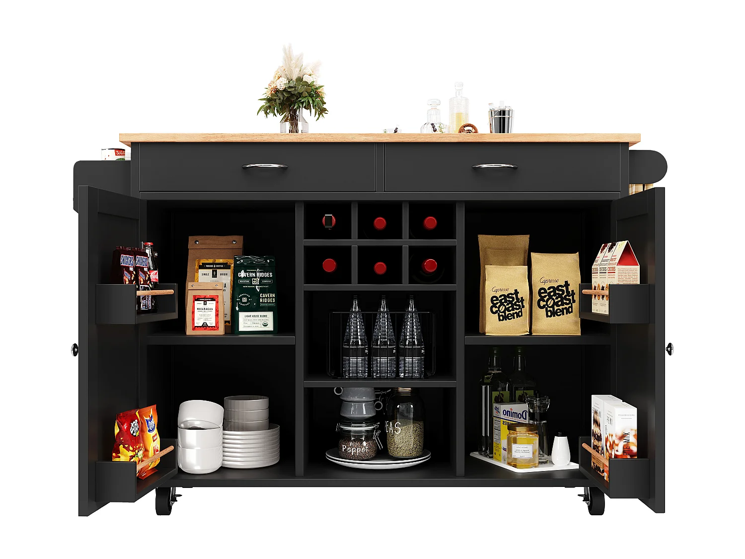 Keukeneiland 102 × 45 × 92 cm - Serveerwagen met wielen, 2 deuren en 2 lades - Zwart