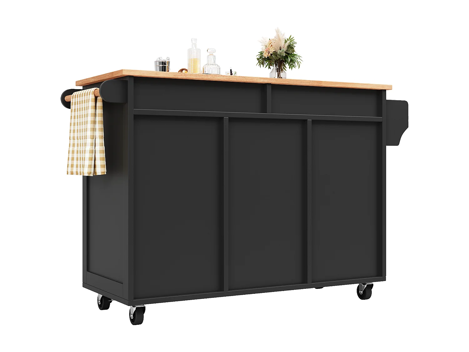 Keukeneiland 102 × 45 × 92 cm - Serveerwagen met wielen, 2 deuren en 2 lades - Zwart