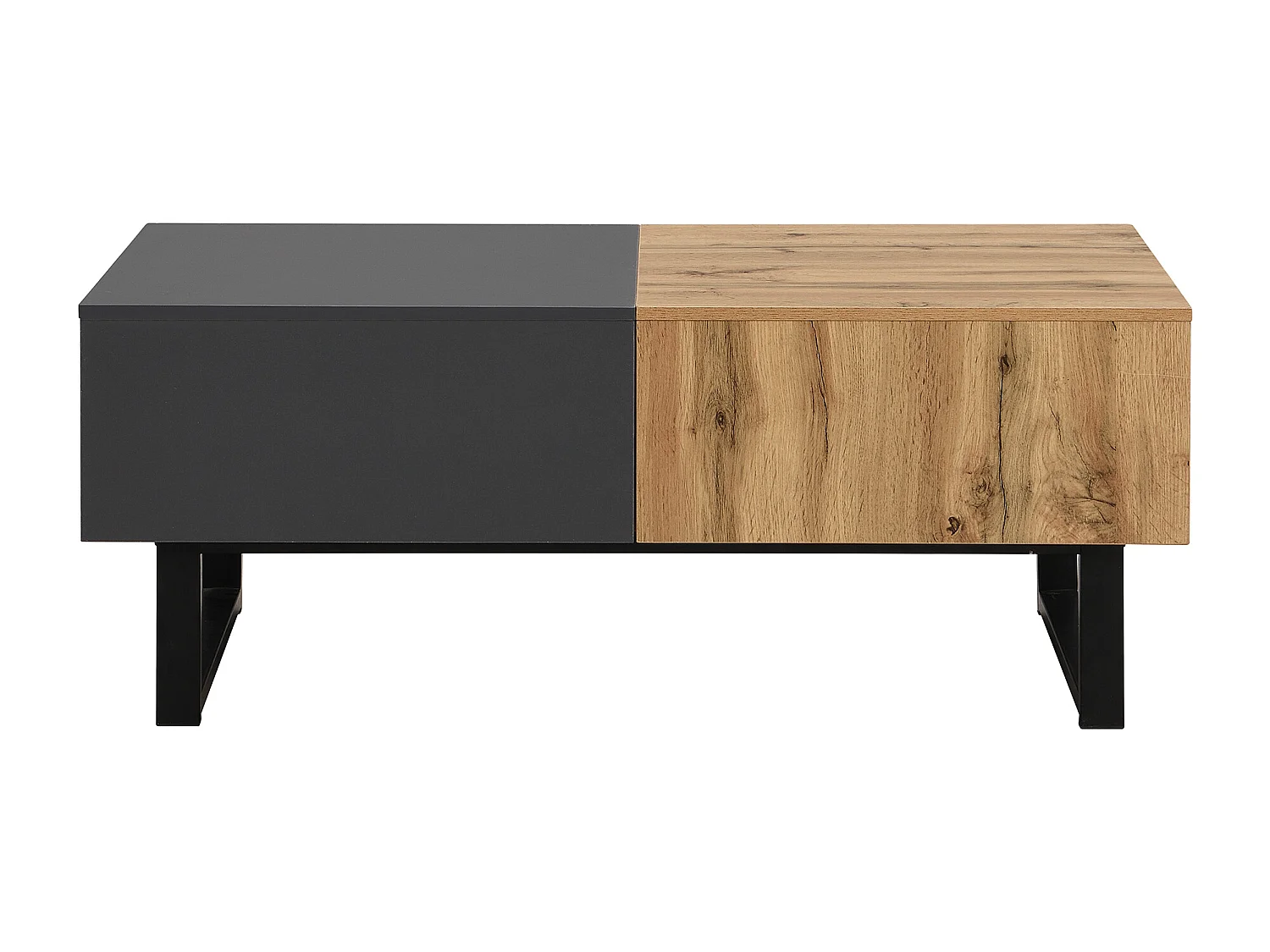 Table basse coulissante avec rangement dissimulé - Pieds en métal - Couleur bois et noir
