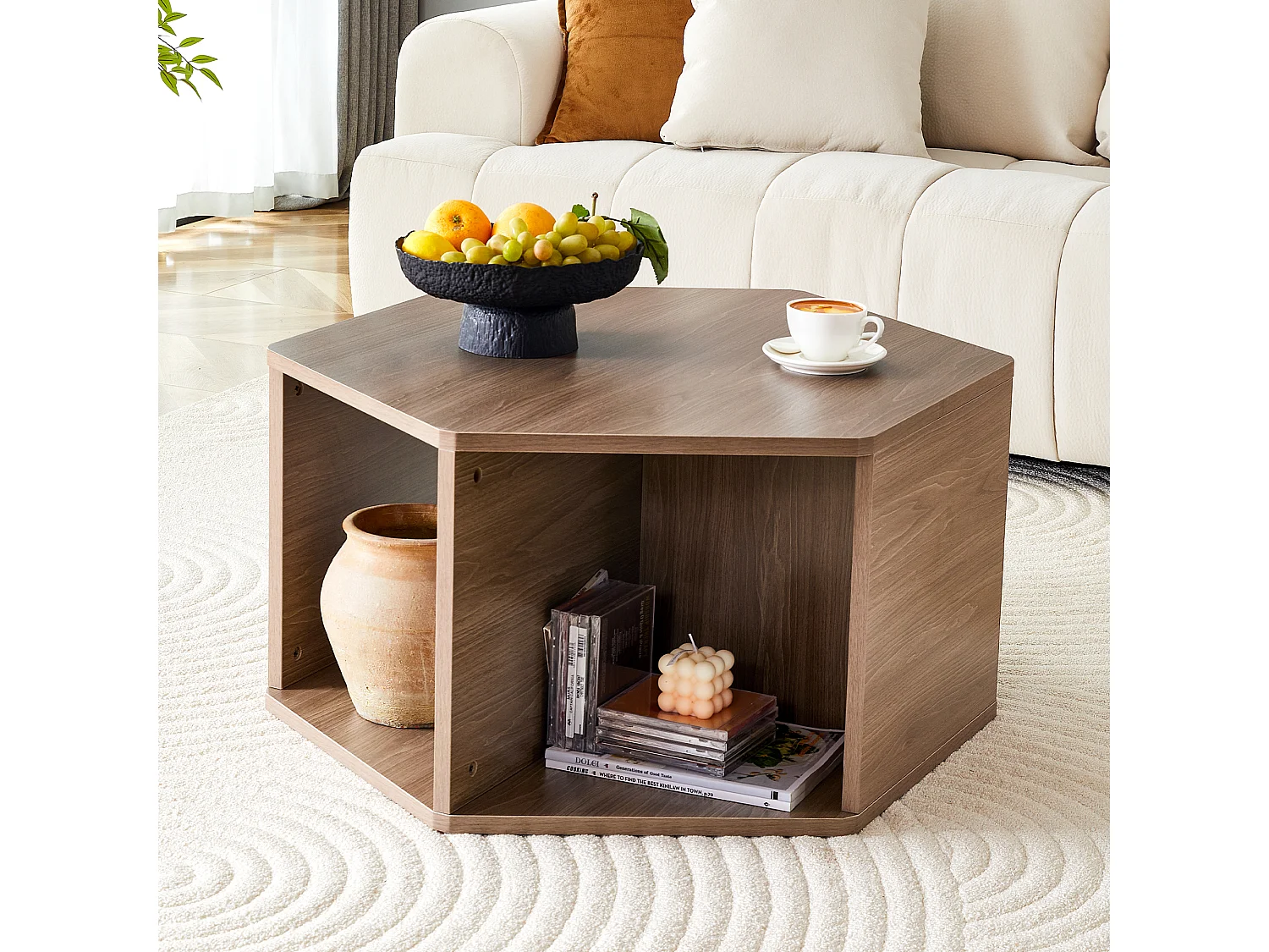 Zeshoekige salontafel met opbergruimte, 79 x 69,4 x 40 cm - Bruin