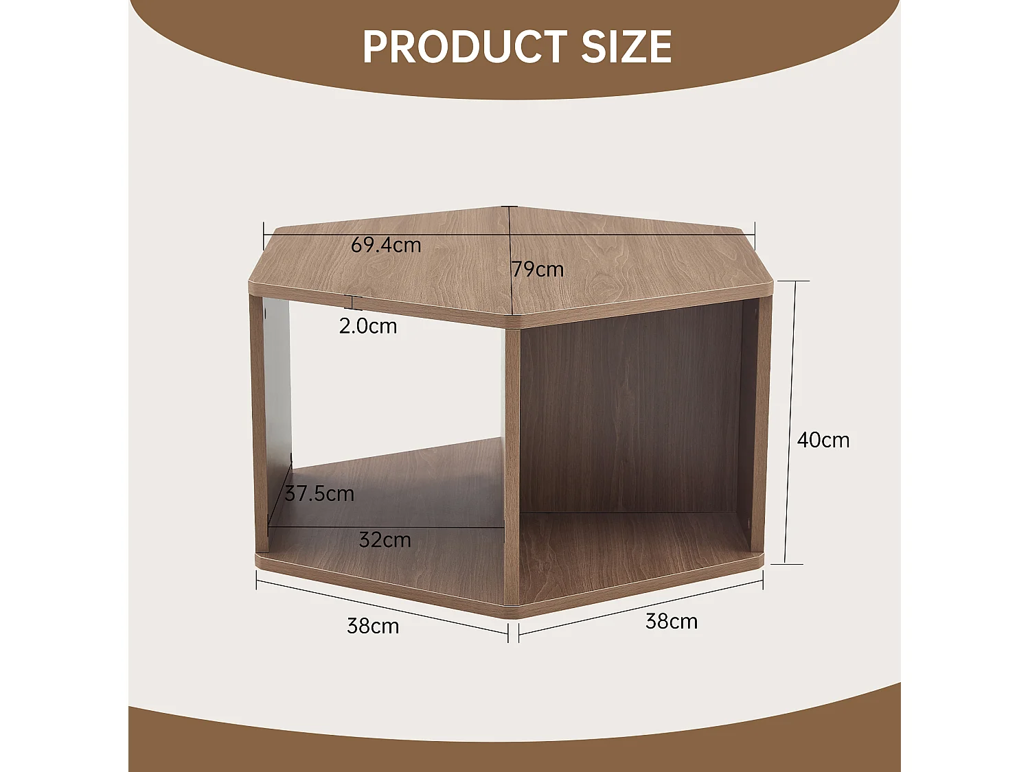 Zeshoekige salontafel met opbergruimte, 79 x 69,4 x 40 cm - Bruin