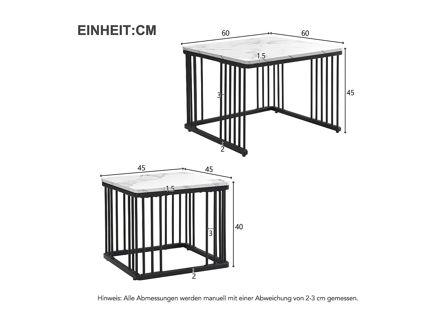 Table basse gigogne en placage effet marbre blanche- Pieds noirs