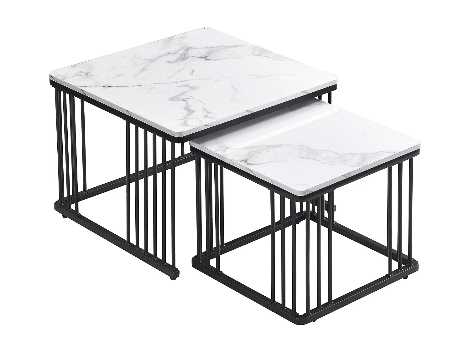 Table basse gigogne en placage effet marbre blanche- Pieds noirs