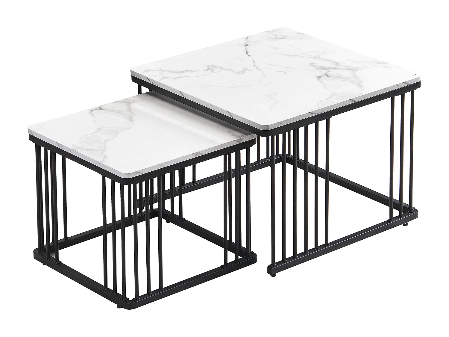 Table basse gigogne en placage effet marbre blanche- Pieds noirs