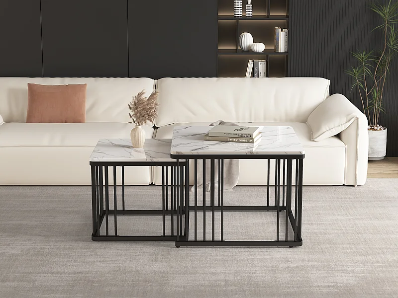 Table basse gigogne en placage effet marbre blanche- Pieds noirs