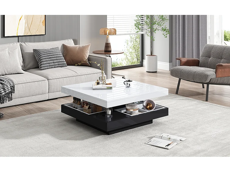 Table basse pivotant avec rangement, plateau laqué brillant - Blanc et noir