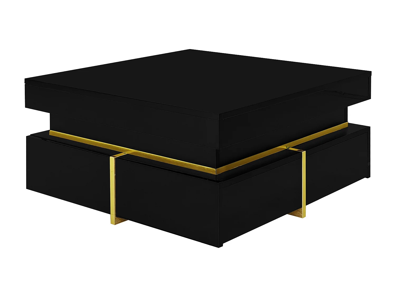 Vierkante salontafel met glanzende afwerking en 2 lades - Gouden details - Zwart