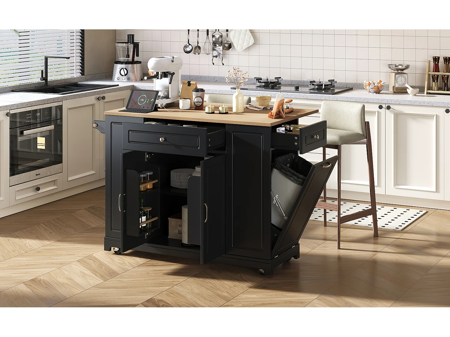 Îlot de cuisine sur roulettes avec USB, 2 tiroirs et 2 portes - Compartiment poubelle - Noir et naturel