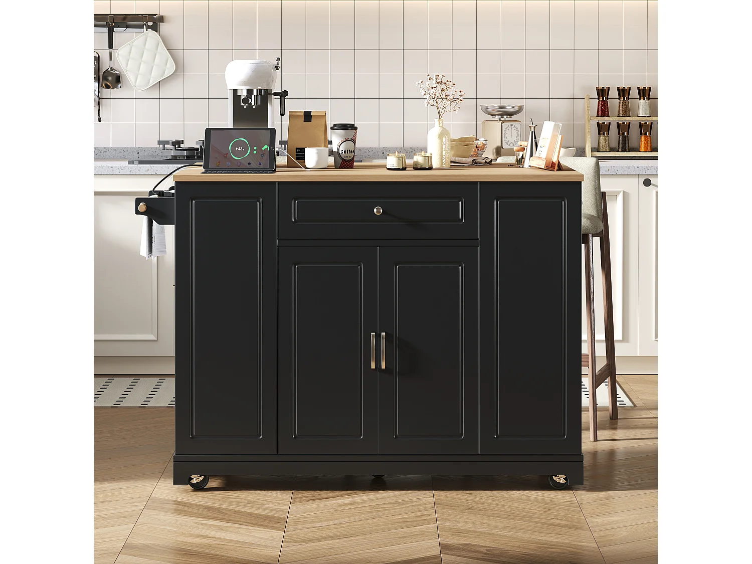 Îlot de cuisine sur roulettes avec USB, 2 tiroirs et 2 portes - Compartiment poubelle - Noir et naturel