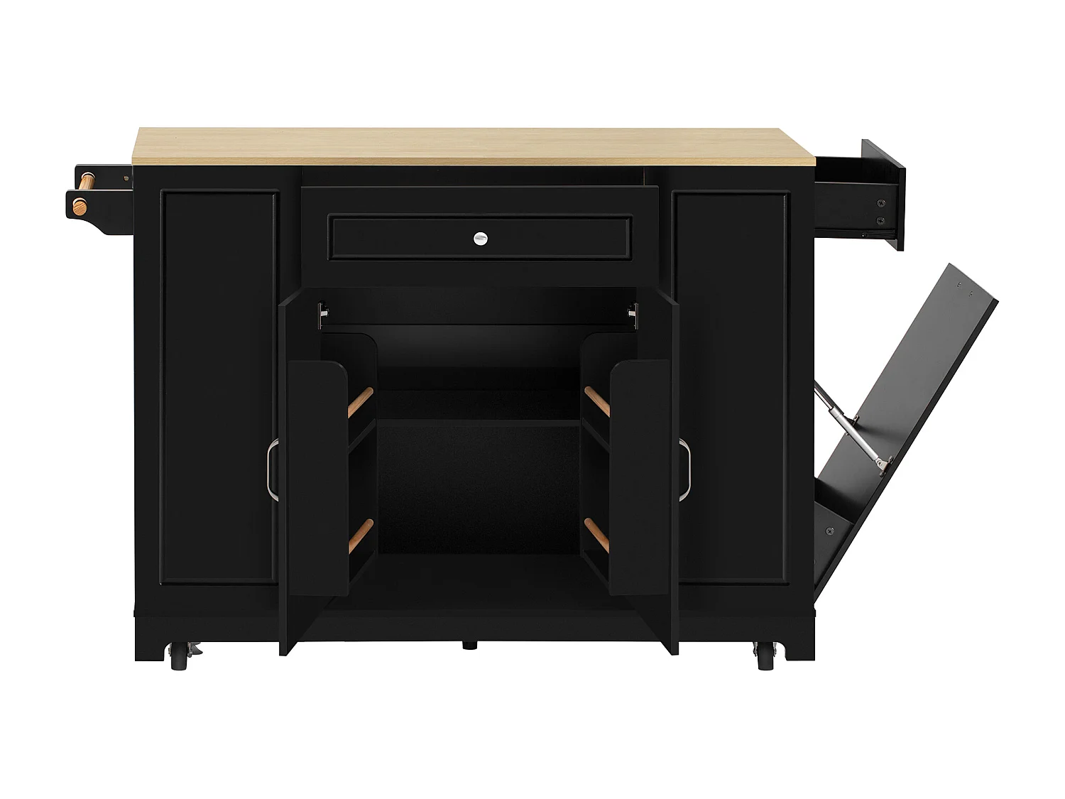 Îlot de cuisine sur roulettes avec USB, 2 tiroirs et 2 portes - Compartiment poubelle - Noir et naturel