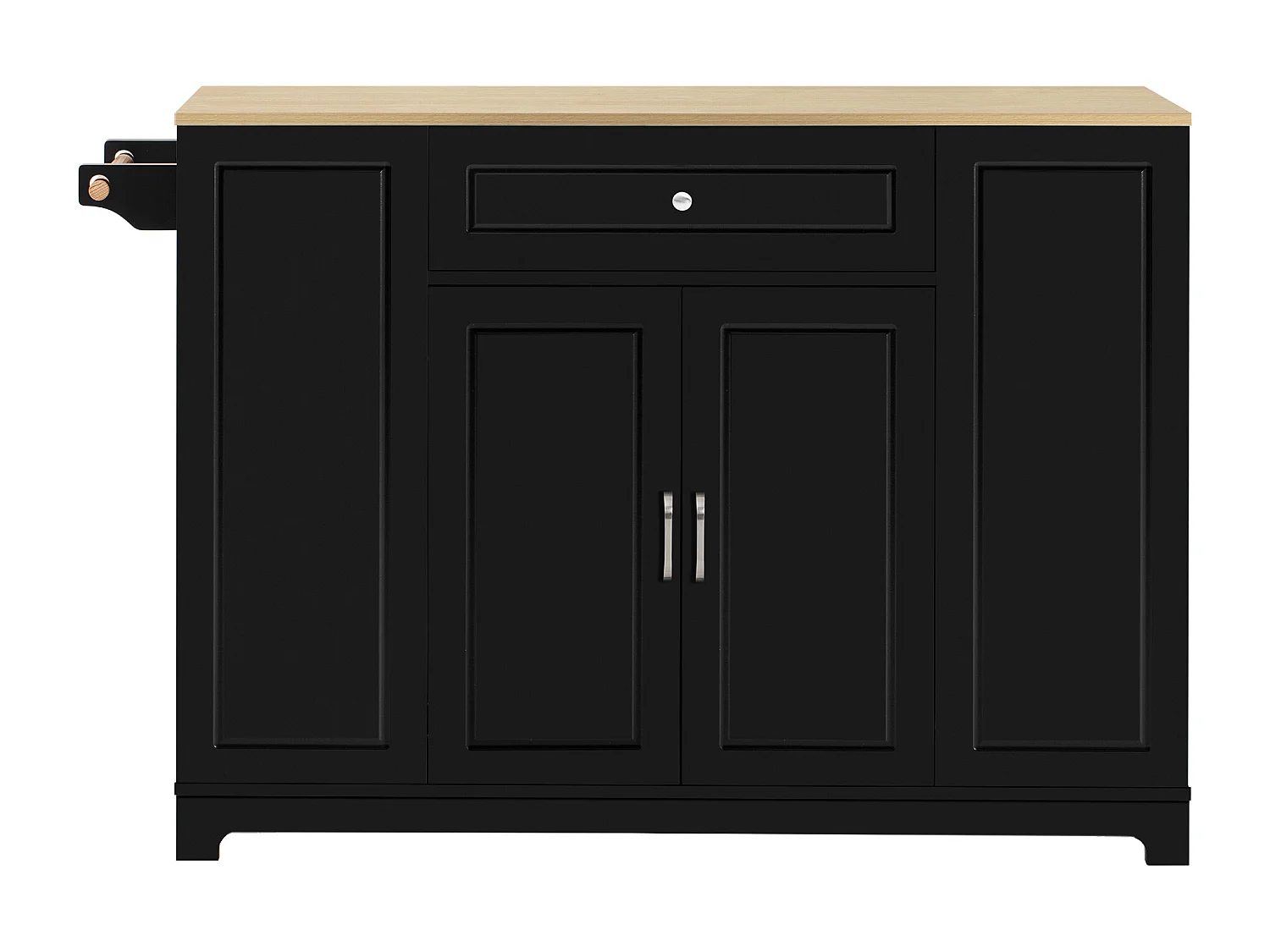 Îlot de cuisine sur roulettes avec USB, 2 tiroirs et 2 portes - Compartiment poubelle - Noir et naturel