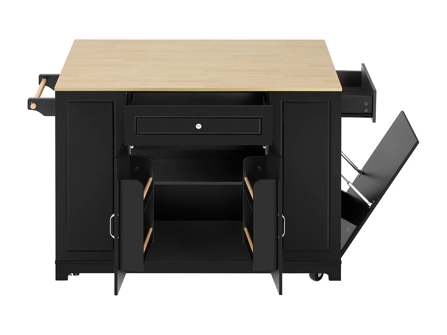 Îlot de cuisine sur roulettes avec USB, 2 tiroirs et 2 portes - Compartiment poubelle - Noir et naturel