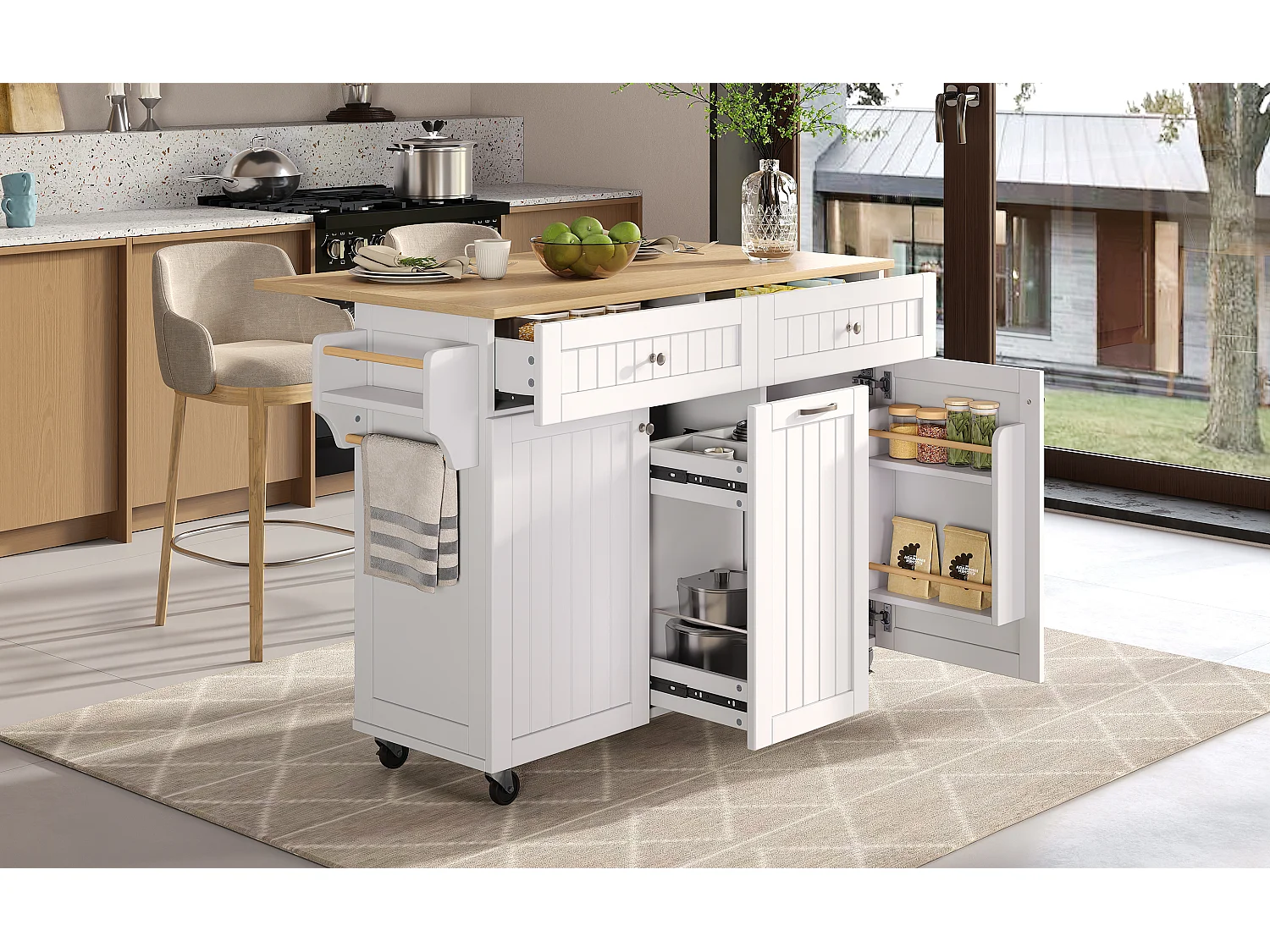 Keukeneiland op wielen met 2 lades en 2 deuren - Houtnerf bovenblad - Wit