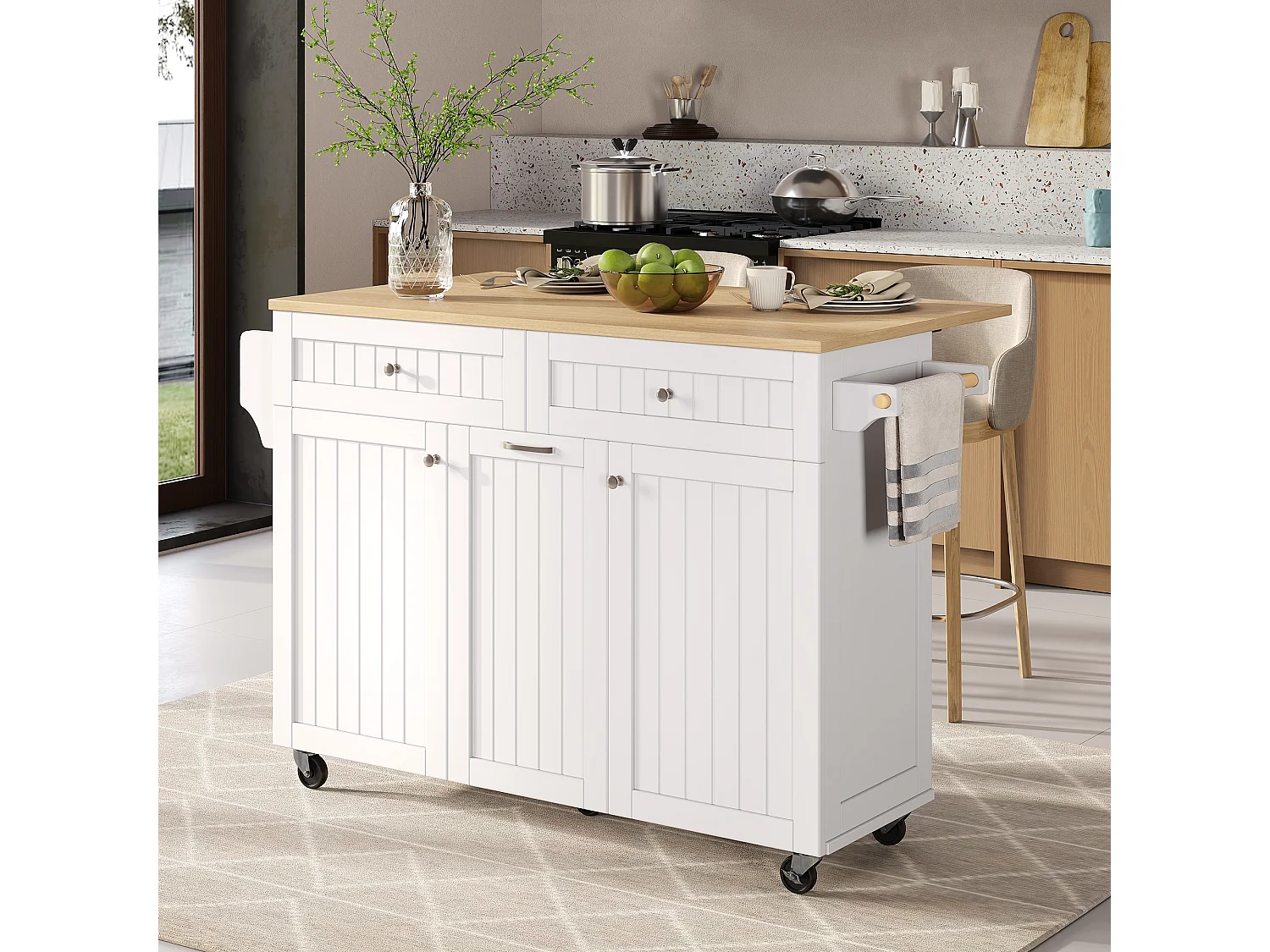 Keukeneiland op wielen met 2 lades en 2 deuren - Houtnerf bovenblad - Wit
