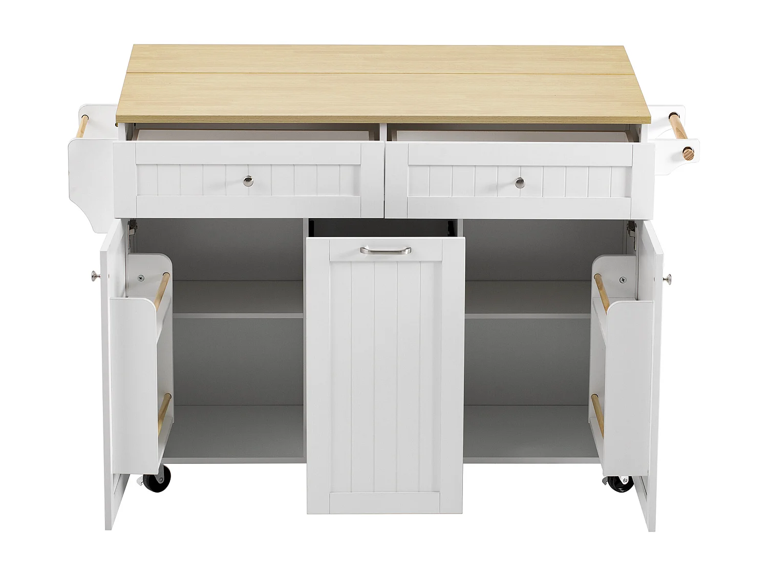 Keukeneiland op wielen met 2 lades en 2 deuren - Houtnerf bovenblad - Wit