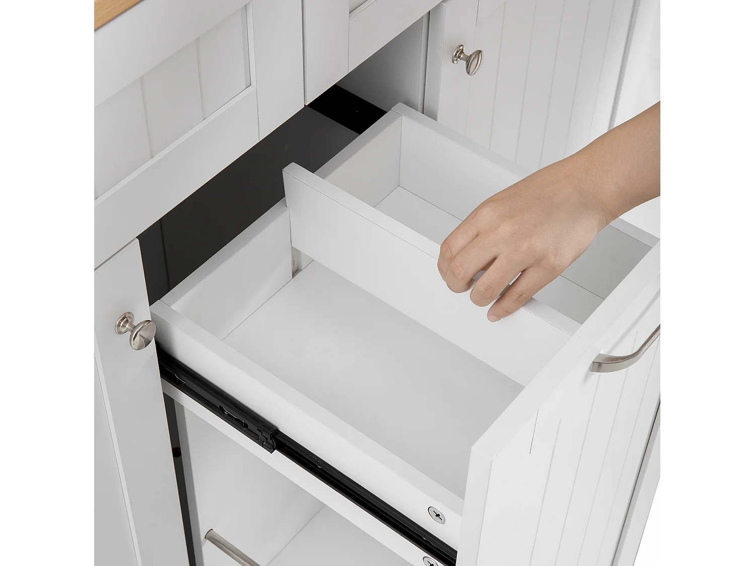 Keukeneiland op wielen met 2 lades en 2 deuren - Houtnerf bovenblad - Wit